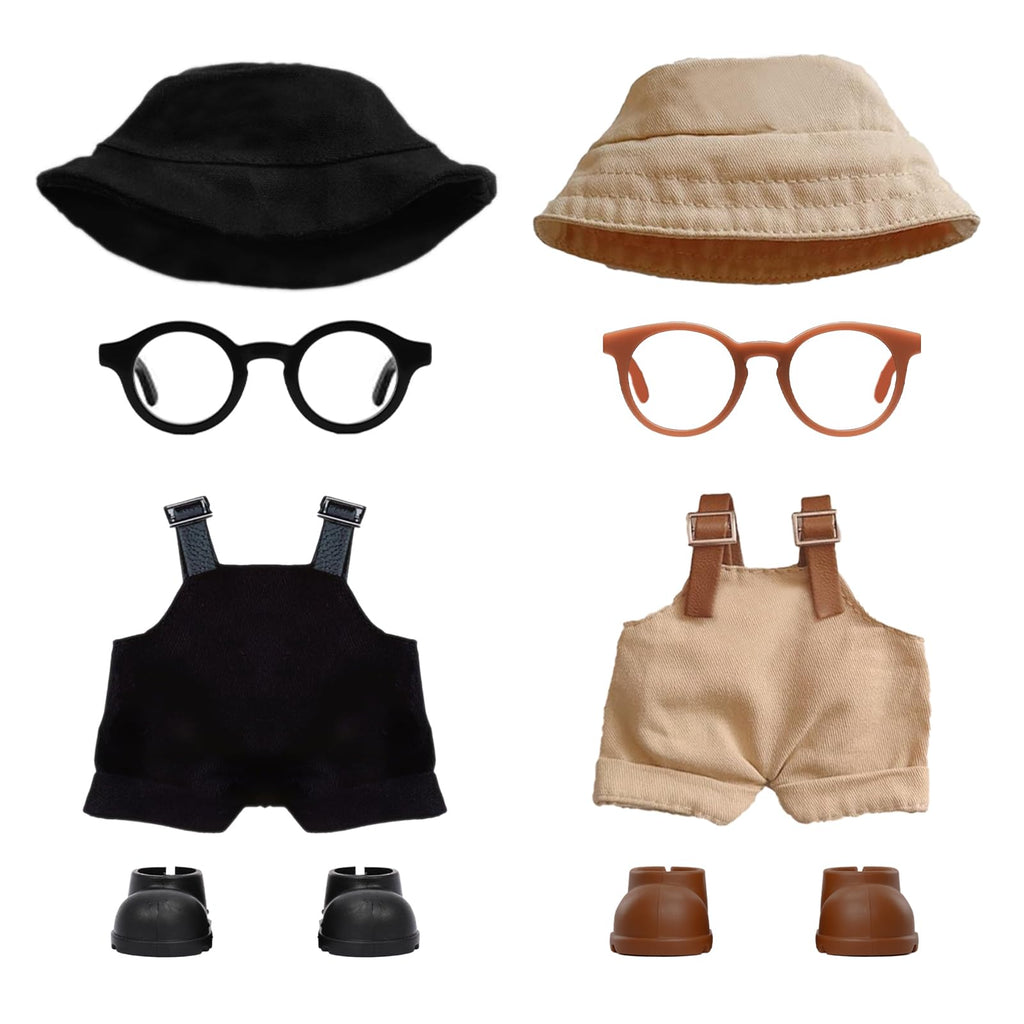 2PCS Doll Clothes Set for 17cm Dolls – Stylish Outfit with 2 Hat, 2 Overalls, 2 Shoes & 2 Glasses of Clothes Designer, Cute Clothes for Dress up Unique Style (Black+Brown) (Doll Not Included)