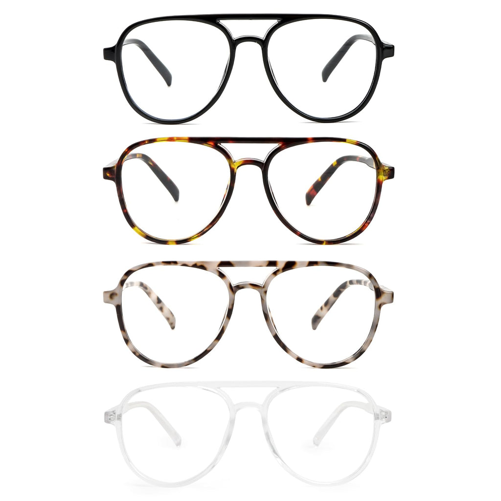 MMOWW 4 Pack Oversized Aviator Reading Glasses for Women Men Retro Double Bridge Pilot Style Blue Light Blocking Computer Readers, Black/Tortoise/Grey Tortoise/Transparent +1.5