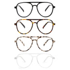 MMOWW 4 Pack Oversized Aviator Reading Glasses for Women Men Retro Double Bridge Pilot Style Blue Light Blocking Computer Readers, Black/Tortoise/Grey Tortoise/Transparent +1.5