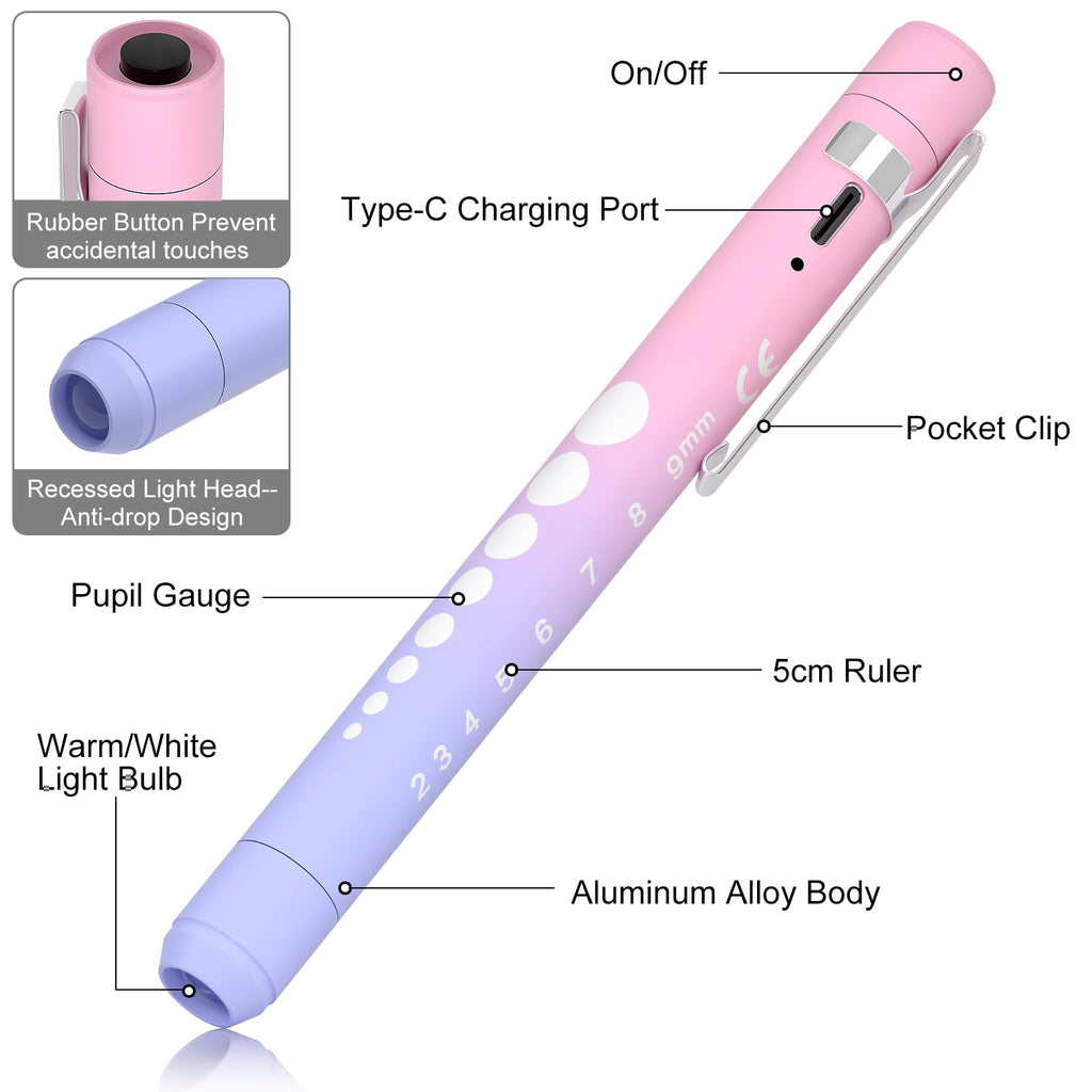 Rechargeable Pen Light for Nurses and Doctors – 2Packs LED Medical Penlight with USB Charging, Dual Light Modes, Durable Clip – Ideal Gift for Night Shift, Clinical Use - pink-orange+pink-purple