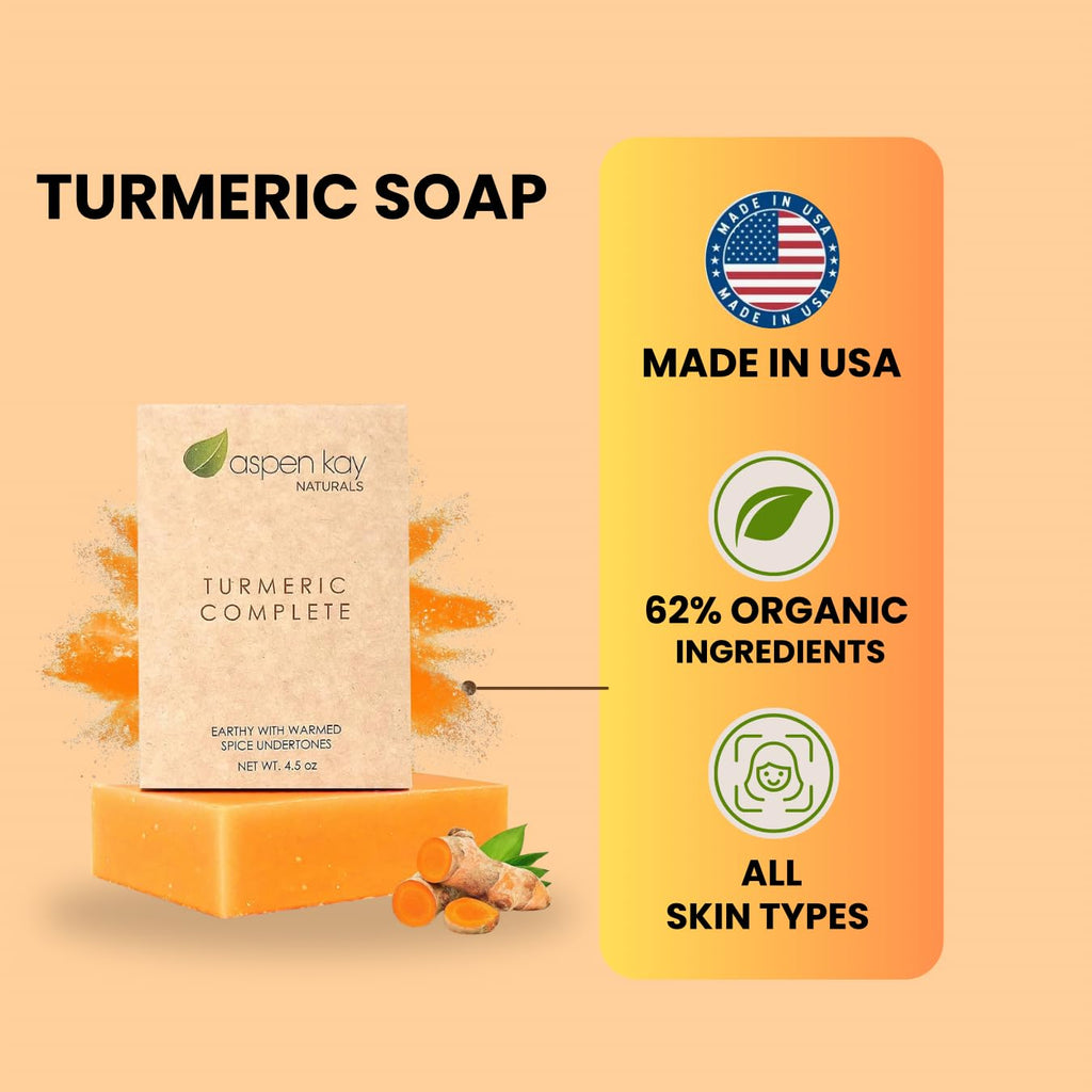 Aspen Kay Naturals Turmeric Soap for Face & Body - With Organic Shea Butter, Chamomile & Calendula - Gentle Turmeric Face Wash, All Skin Types, Made in USA (3 pack)