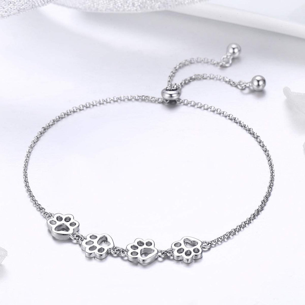 BISAER 925 Sterling Silver Cat Dog Paw Print Charm Bracelet for Women
