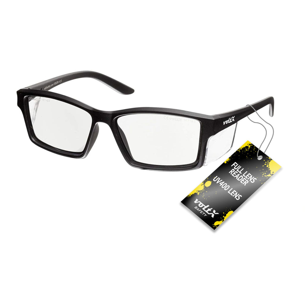 voltX 'VISION' Safety Readers, Full Lens Magnified Reading Safety Glasses (+2.5 Dioptre, Clear lens) ANSI Z87.1+ & CE EN166F - Anti fog coated UV400 lens