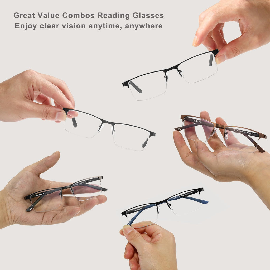 EYECEDAR 5 Pack Premium Blue Light Blocking Reading Glasses Men Metal Half Frame Spring Hinges Computer Readers for Men and Women 1.75