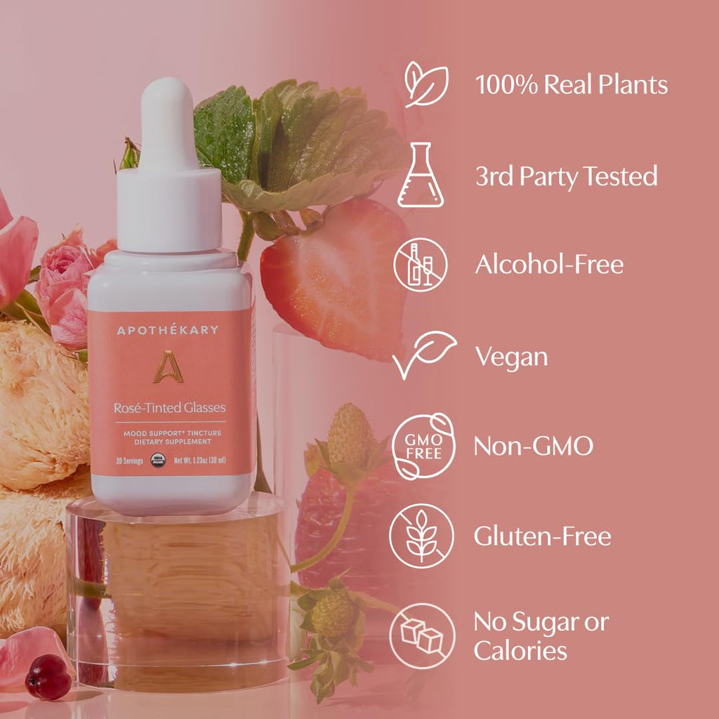 Apothékary Rosé-Tinted Glasses, Supports a Balanced Mood & Focus, Alcohol-Free, Wine-Inspired Herbal Liquid Drops with Schisandra Berry & Lion's Mane Mushroom, Certified Organic, 4 fl oz, 100 Servings