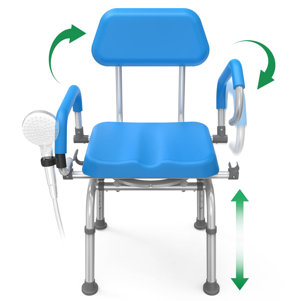 Loyoda FSA/HSA Eligible Swivel Shower Chair with Arms and Back, Padded Shower Bench with Pivoting Arms, Height Adjustable Shower Chair for Elderly and Disabled, 400 lbs