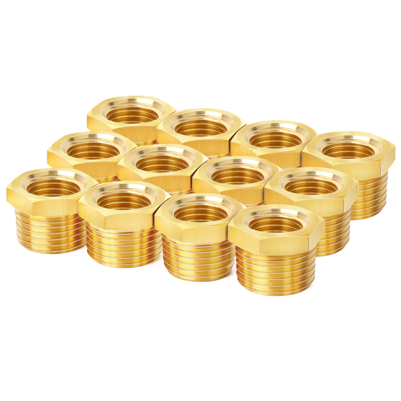 ChillWaves Brass Pipe Fitting, Reducer Hex Bushing 1/2" NPT Male x 1/4" NPT Female Thread Adapter(12-PACK)