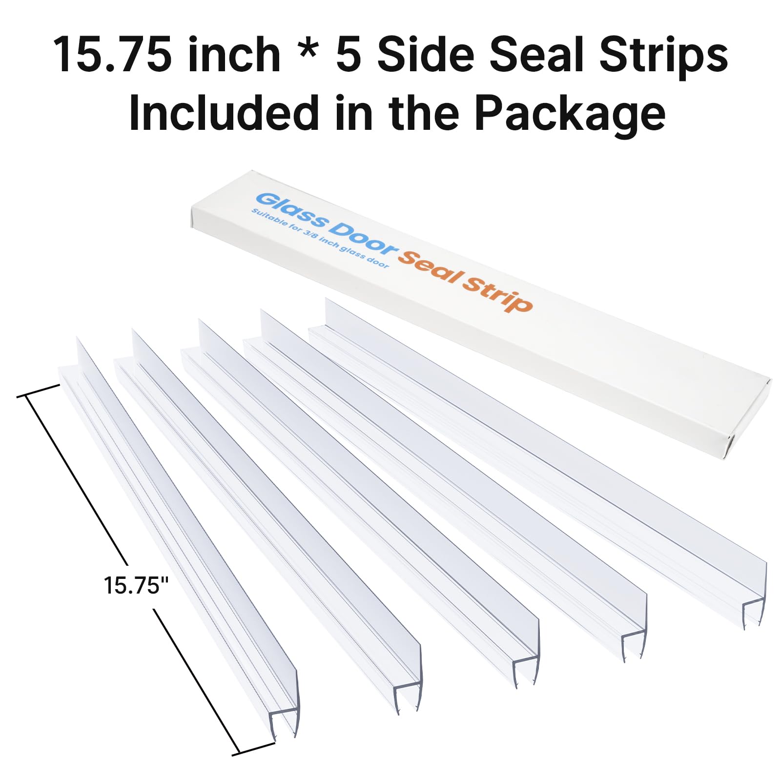 AmazerBath 5 PCS Shower Door Side Seal Strip for 3/8 Inch Glass - 15.75 Inches Long x 5, 5 Sections Segmented Shower Installation Kit, Frameless Glass Door Seal Strip