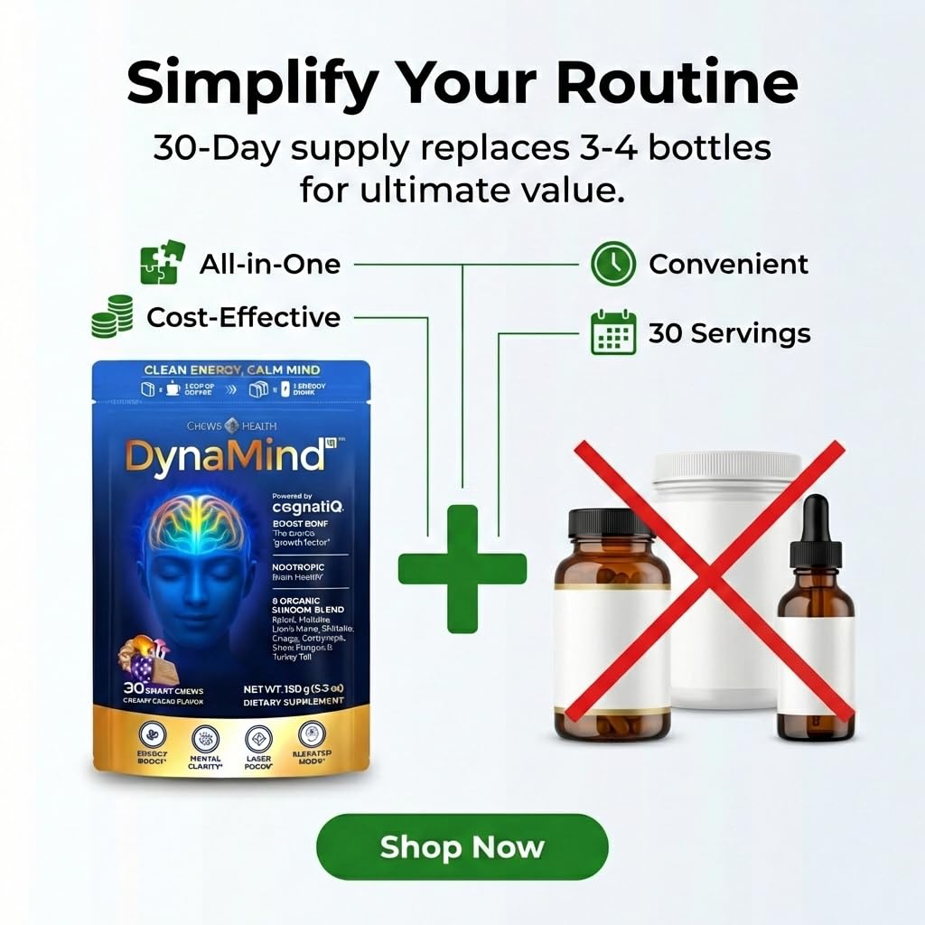 DynaMind iQ Brain Supplement for Memory and Focus for Adults - Nootropic Chews | Coffee Fruit & Mushroom Supplement Blend, Memory Focus Supplement, Caffeine Focus Pills Alternative, 30 Count