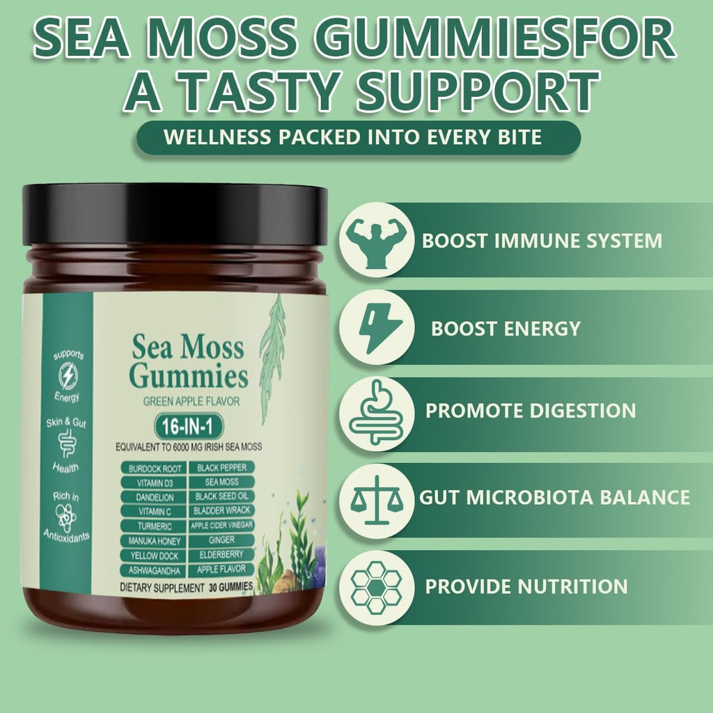 FW ZONE Sea Moss Gummies 16-in-1 with Black Seed Oil, Ashwagandha, 30 Servings, Irish Seamoss Gummies Boosts Immune Support, Wellness and Digestion