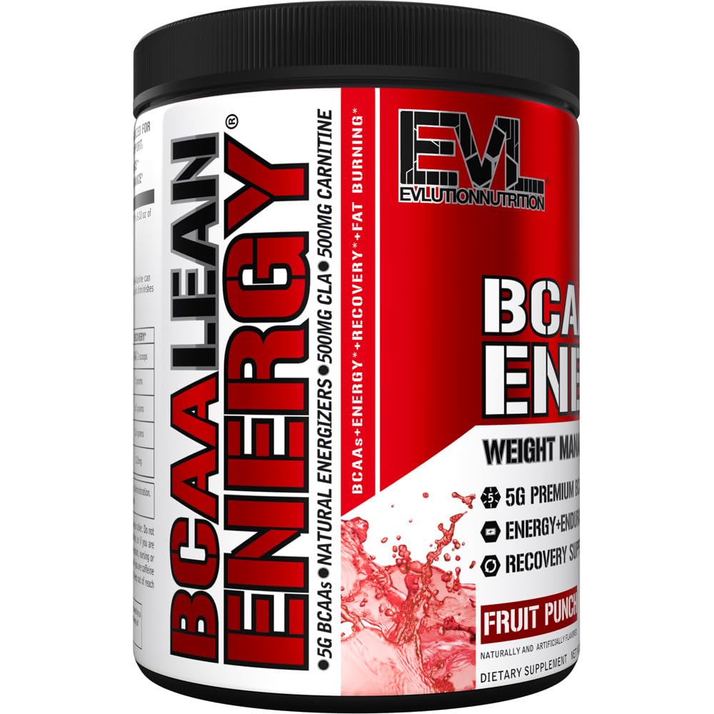 EVL BCAA Lean Energy Powder - Pre Workout Green Tea Fat Burner Support with BCAAs Amino Acids and Clean Energizers - BCAA Powder Post Workout Recovery Drink for Lean Muscle Recovery - Fruit Punch