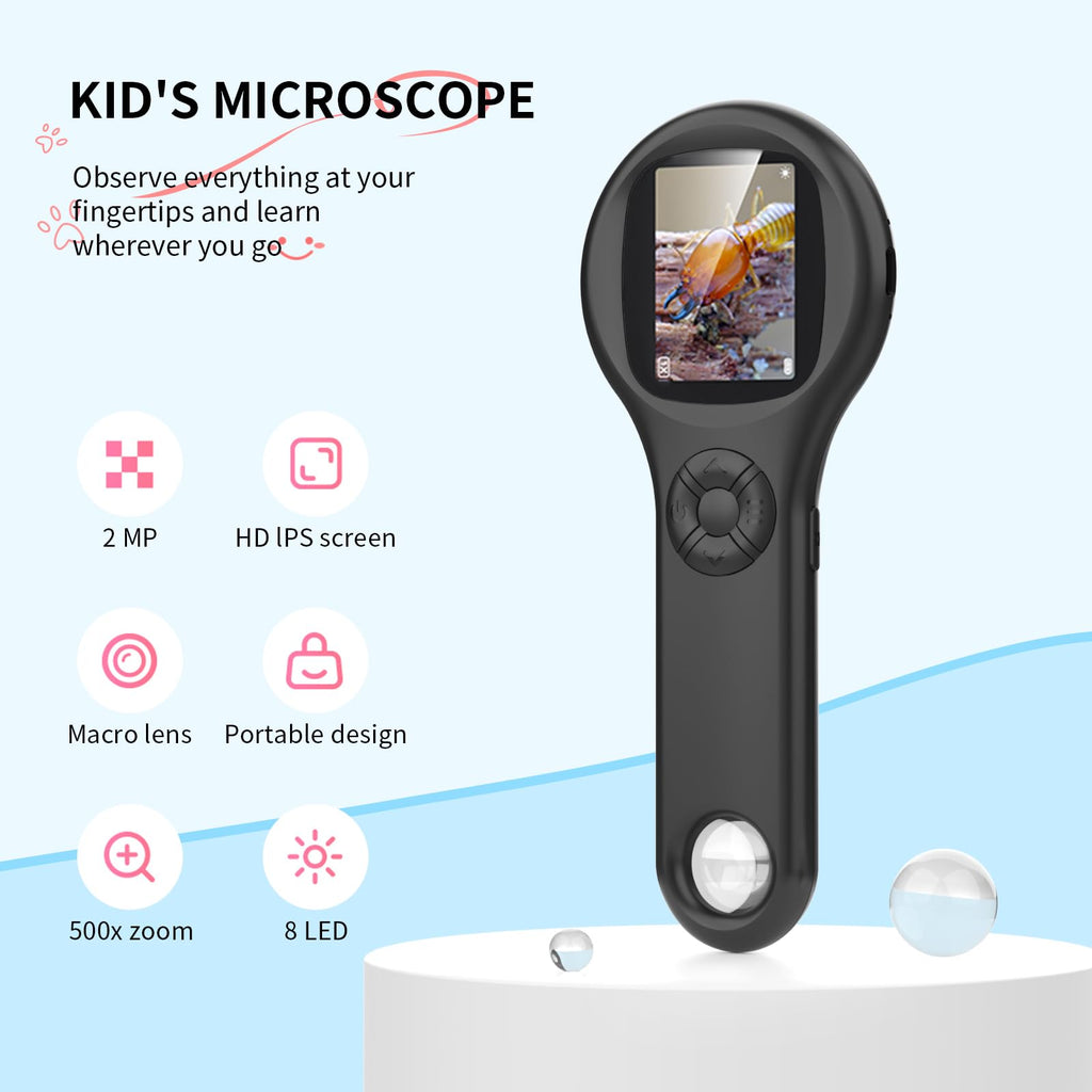 Ashfly Magnifying Glass - Mini LED Pocket Microscope for Kids(5-10 Years) - Educational Science Kit Durable Design - Ideal Gift for Girls (Black)