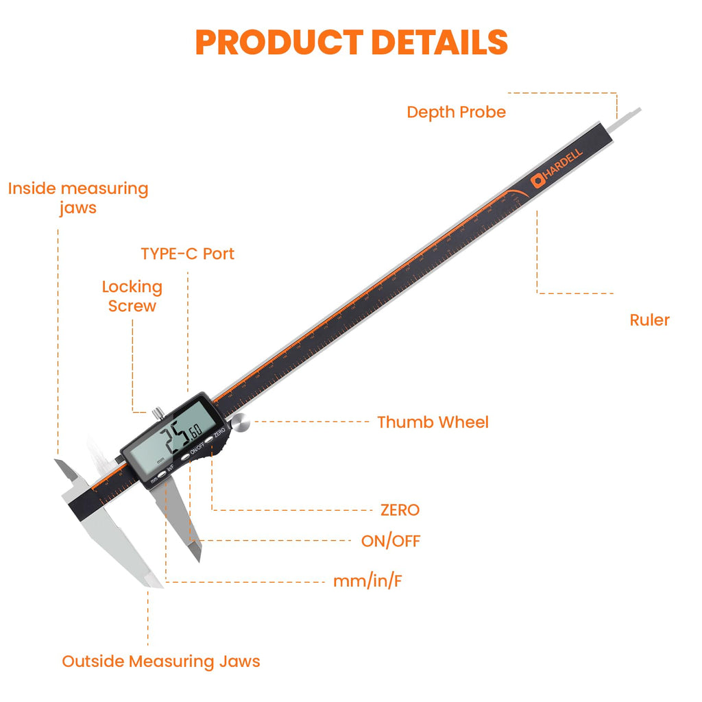 HARDELL Digital Caliper 12 Inch, Rechargeable Calipers with Large LCD Screen, Stainless Steel Digital Caliper Measuring Tool, Auto-Off, Inch/MM/Fraction for DIY/Household/3D-printing