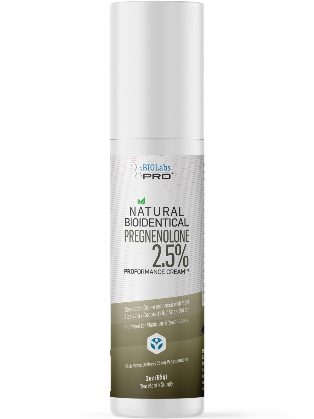 BIOLABS PRO Pregnenolone, All Natural Bioidentical Pregnenolone, 2.5% Maximum Strength, Two-Month Supply (Unscented - 3oz)