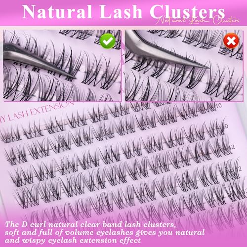 Natural Lash Clusters Kit Wispy Invisible Band Cluster Eyelash Extensions Kit 8-16mm Individual Lashes Extension Kit DIY D Curl Eyelash Clusters with Clear Lash Bond and Seal, Lash Tweezers by Wtvane