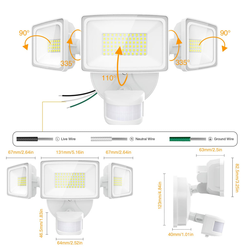Onforu 75W LED Flood Light Motion Sensor Outdoor, 7000lm Dusk to Dawn Flood Light, Security Light with Three Head, IP65 Waterproof Exterior Floodlight, 6500k Wall Light for Entryway Stairs Yard Garage