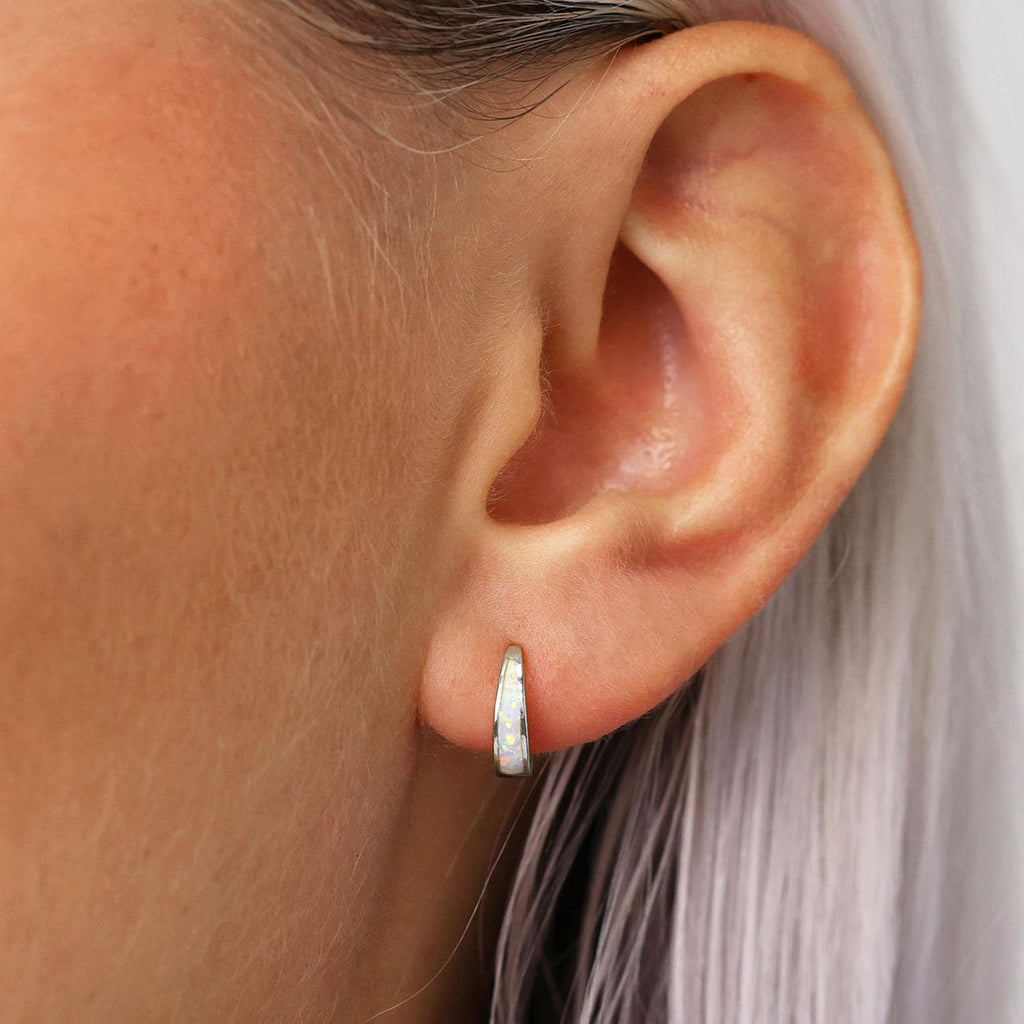 Silver Earrings for Women Trendy White Opal Huggie Earrings Small Silver Hoop Earring 14k Gold Plated Opal Jewelry Birthday Gifts for Women Mom Her