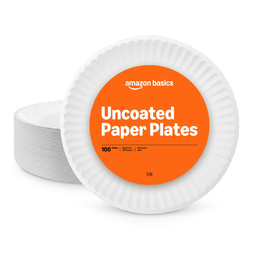 Amazon Basics 9" Uncoated White Paper Plates, Microwave Safe, 100 Count