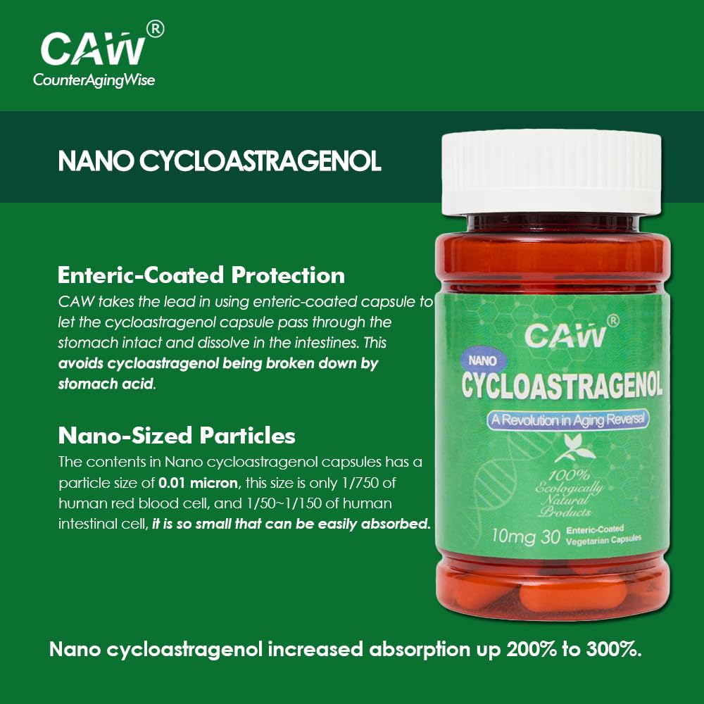 CAW Nano Cycloastragenol 10Mg | Telomerase Activation Anti-Aging | Cell Rejuvenation Immunity Boost | 30 Enteric-Coated Vegetarian Capsules (1 Bottle)