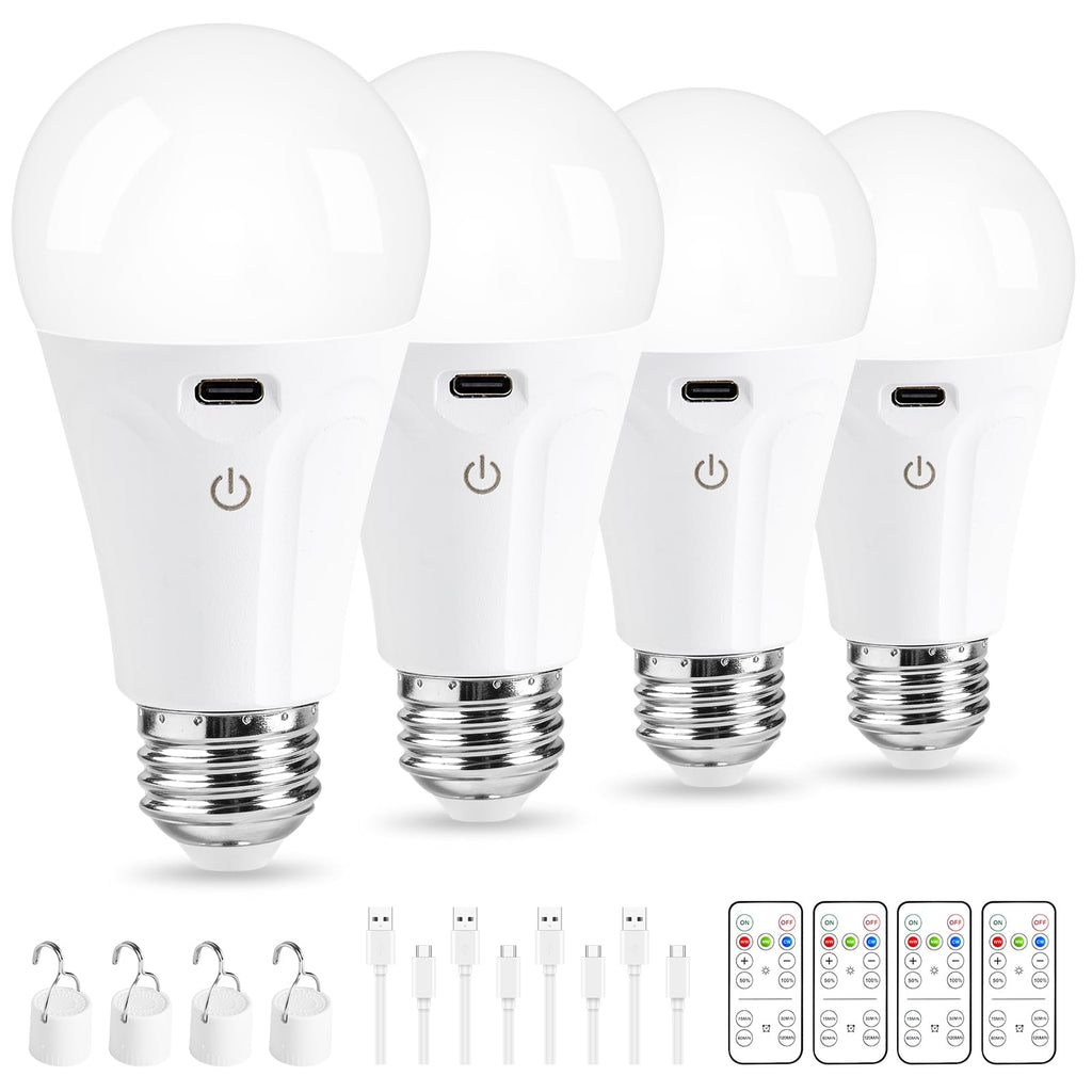 Powfloven E26 Rechargeable Light Bulbs with Remote and USB Charging, 4 Pack