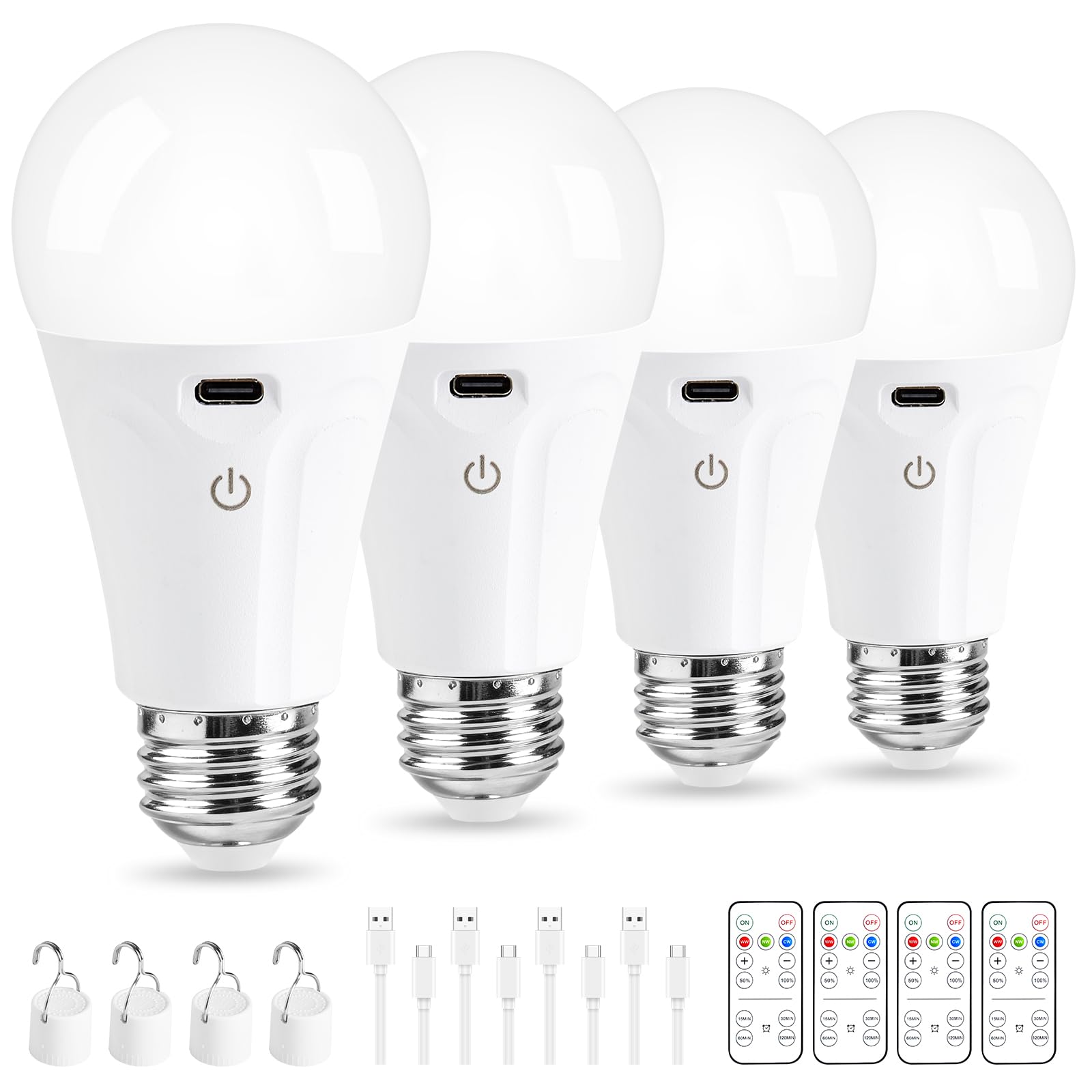 Powfloven E26 Rechargeable Light Bulbs with Remote and USB Charging, 4 Pack