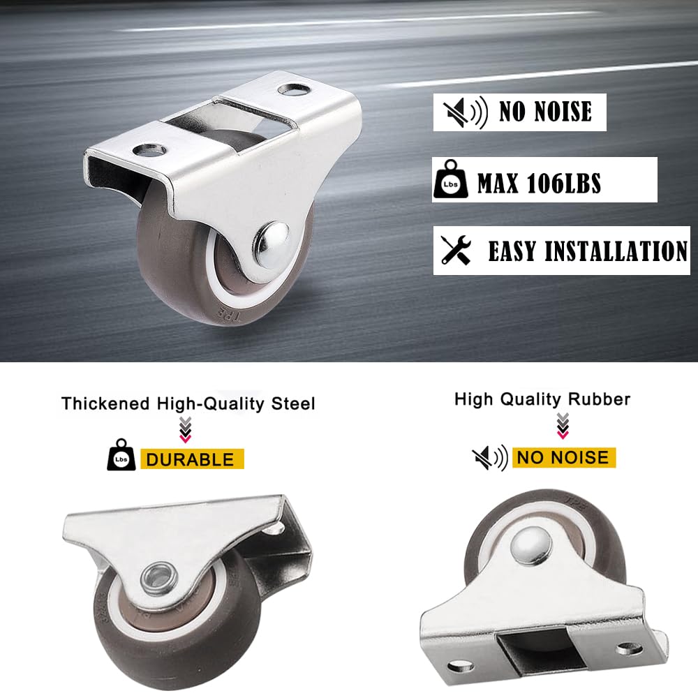 8Pcs 1-1/4 Inch Mini Rigid Caster Wheels, Small Low Profile Rubber Rolling Wheels with Steel Top Plate, Little Casters Wheels for Furniture, Under Bed Storage Drawers, Non Swivel