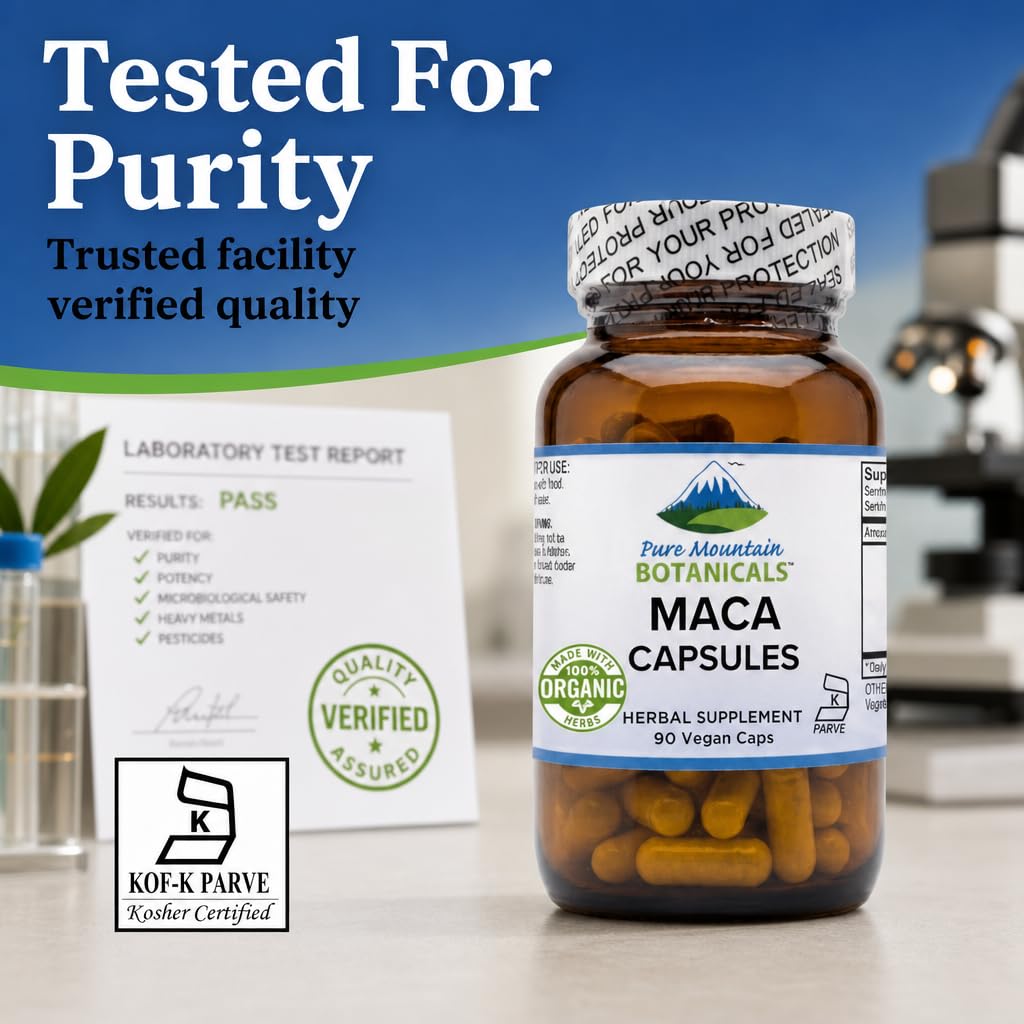 Pure Mountain Botanicals Maca Root Capsules - 1000mg Organic Peruvian Maca - Raw and Gelatinized Blend - 90 Vegan Kosher Caps