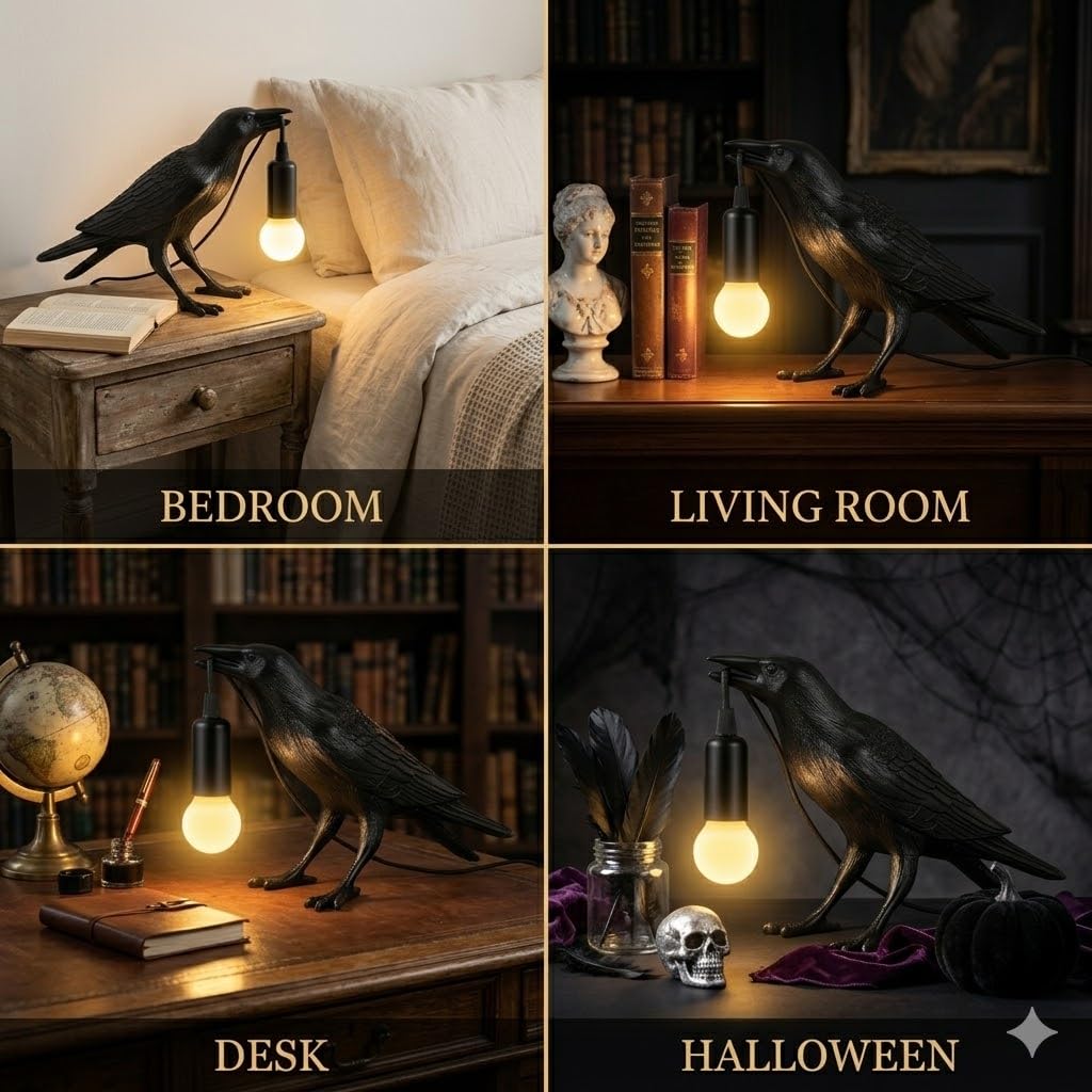 OVANUS Crow Lamp Gothic Decor, Raven Table Night Light with Adjustab