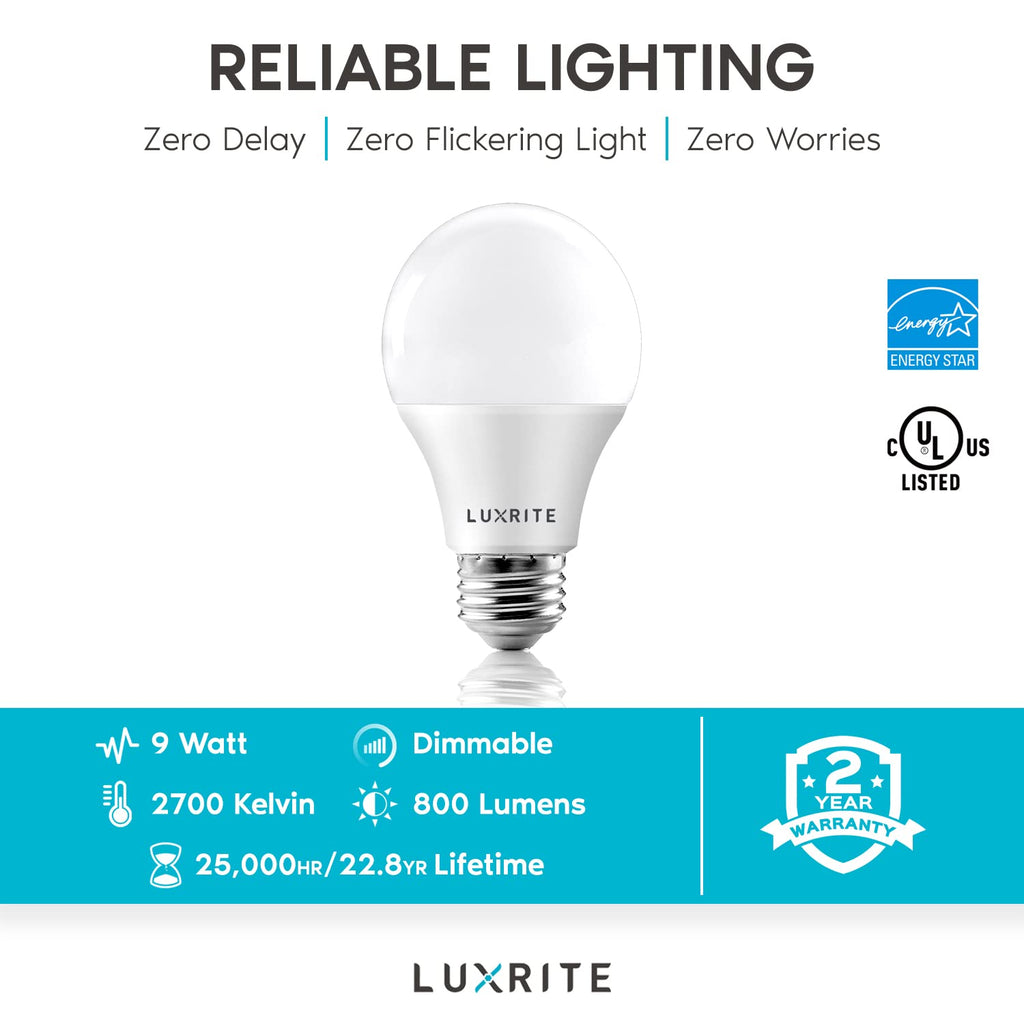 LUXRITE A19 LED Light Bulb 60W Equivalent 800LM, 2700K Warm White (6 Pack)