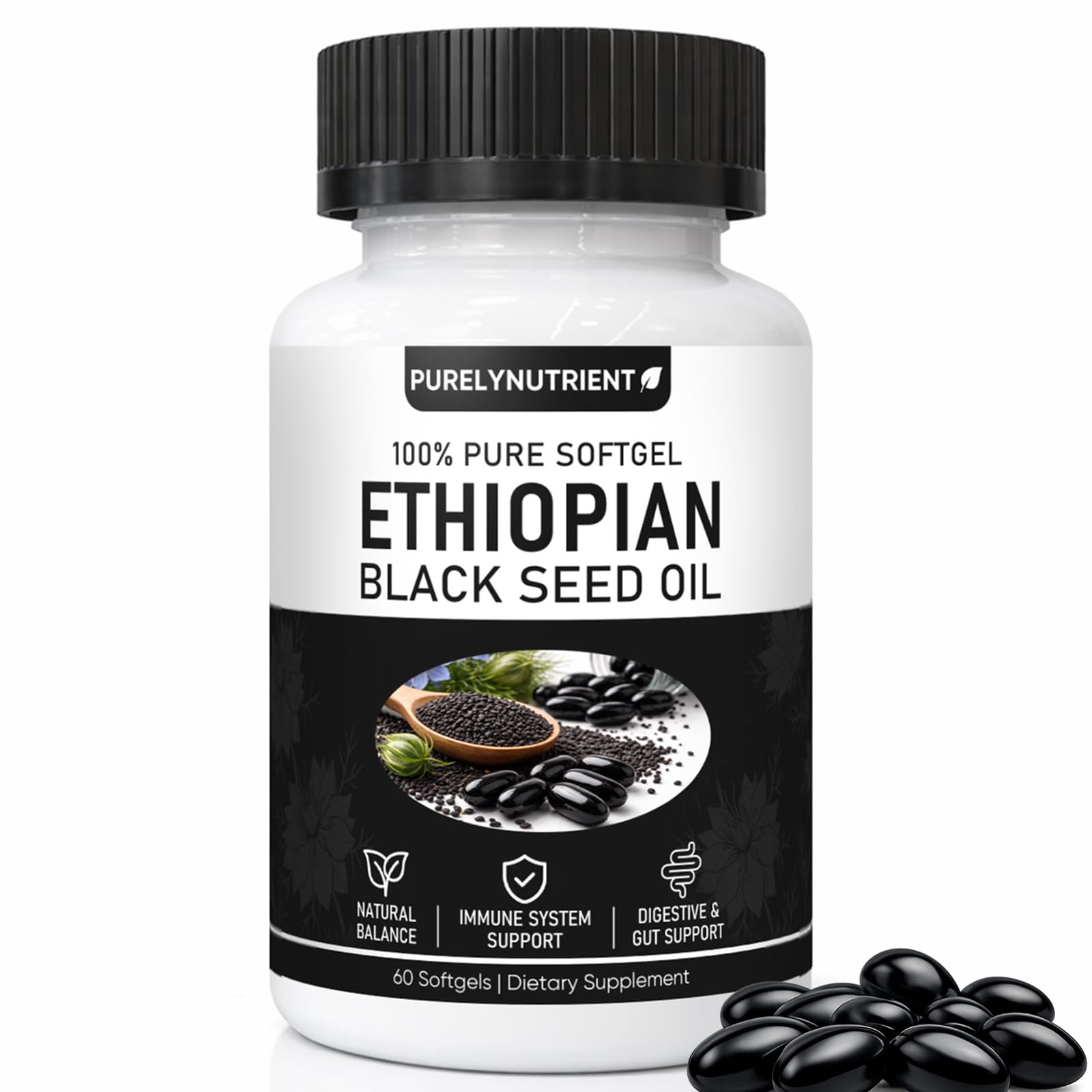 TUVAAZ PURELYNUTRIENT Ethiopian Black Seed Oil Capsules with 4.64% Thymoquinone, Immune Support & Digestion & Energy Booster, Non-GMO, Gluten-Free, 60 Count