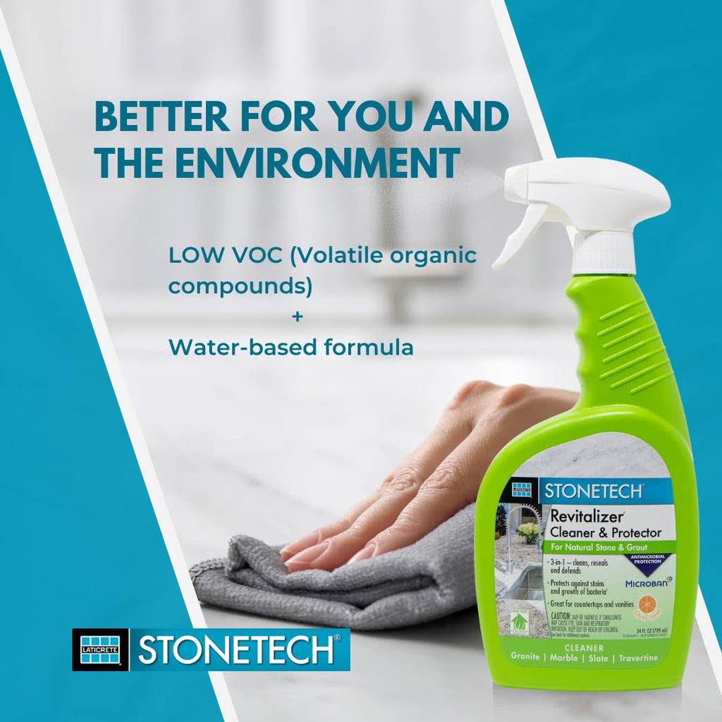 StoneTech Revitalizer Cleaner and Protector | Natural Stone Cleaner | Marble, Quartz, Granite Countertop Cleaner | 3-in-1 Cleans and Reseals | 2-Pack 24 oz Spray + Microfibers, Citrus Scent