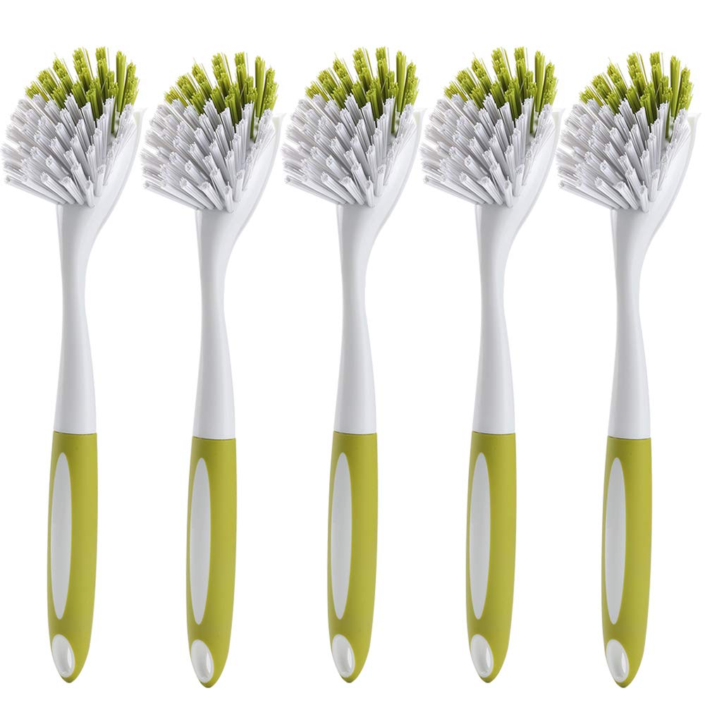 Dish Brush with Handle, Stiff Bristles Dish Scrubber for Pots, Pans & Sink Cleaning, 5 Pack