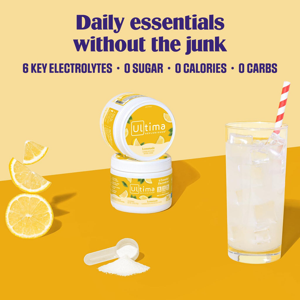 Ultima Replenisher Daily Electrolyte Powder Drink Mix – Lemonade, 30 Servings Canister – Zero Sugar Hydration Powder with 6 Electrolytes & Minerals – Sugar Free, Plant-Based & Keto Friendly