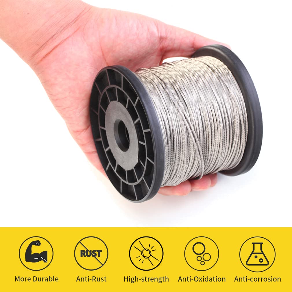 1/16 Wire Rope, 600FT 304 Stainless Steel Cable with 200Pcs Crimp Sleeves, Aircraft Grade, 7x7 Strand, 368lbs Breaking Strength, for Garden Trellis, Clothesline, Railing,Trellis