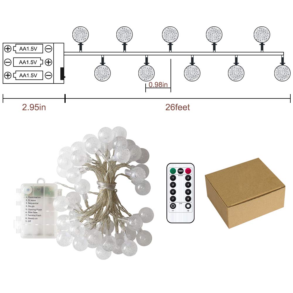 Metaku Globe String Lights Battery Operated Fairy Light 26ft 60LED & Remote