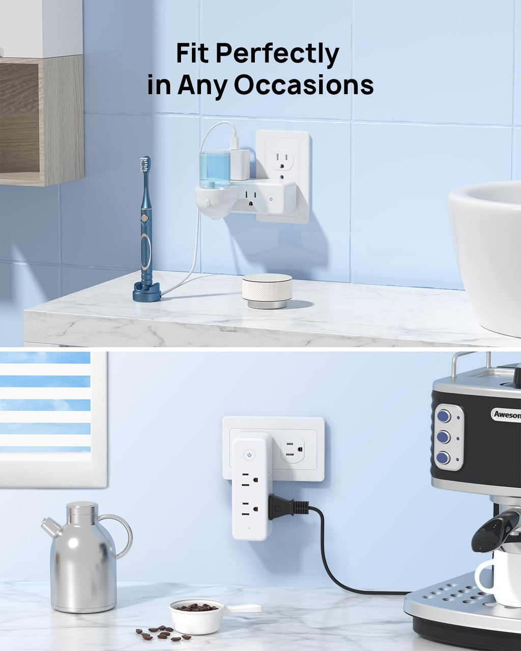 TROND Outlet Extender Surge Protector - 6 AC Outlet Splitter with 360 Rotating Plug, Multi Sockets Wall Expander with Power Switch, 1440J, 3 Way Plug Adapter for Home Bathroom Kitchen Office Dorm