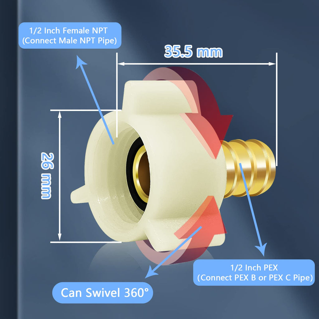 5 PACK PEX Plumbing Fittings Brass Crimp Fitting,1/2 in PEX Fittings X 1/2 Female NPT,PEX Threaded Swivel Adapter for Pipe Plumbing Connection, ASTM F1807