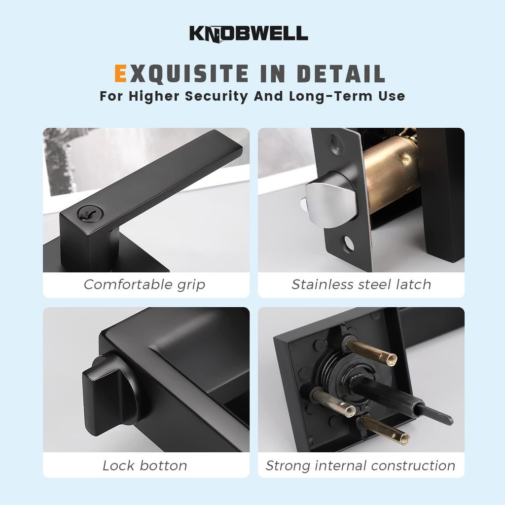 KNOBWELL 6 Pack Entry Door Leverset Matte Black, Exterior Door Handles for Front/Gate Doors, Right/Left Door Handles with Key and Lock(Not Same Key)