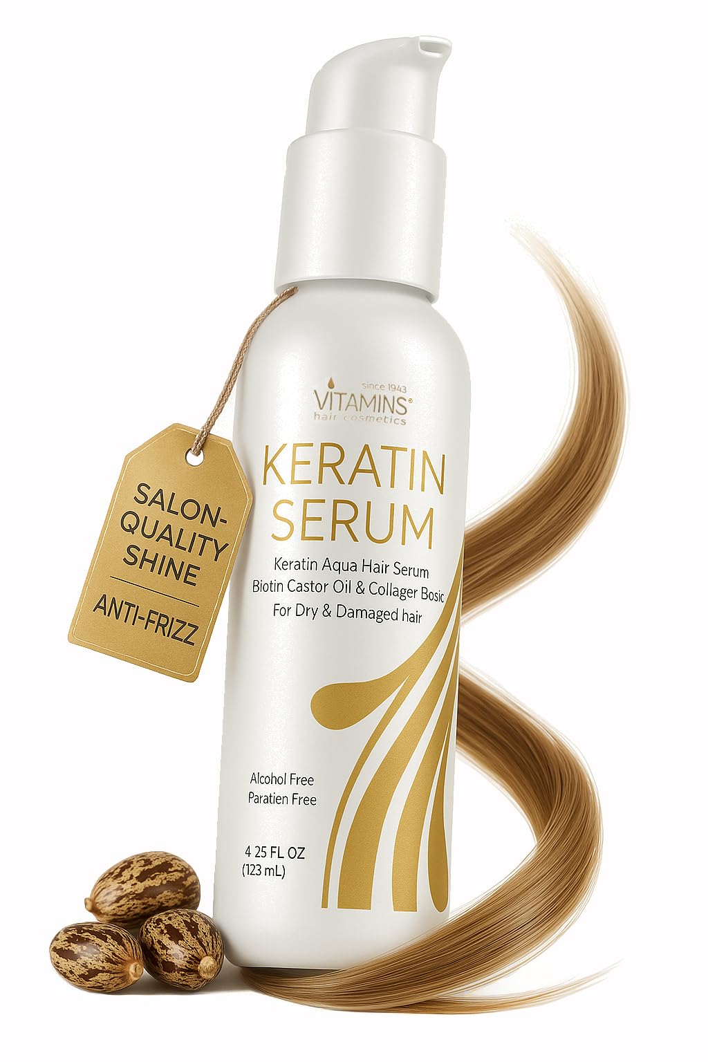 VITAMINS hair cosmetics Keratin Hair Serum Oil for Frizzy, Dry, Damaged Hair - Anti-Frizz Shine Gloss Treatment, Heat Protectant with Biotin, Castor Oil and Collagen - 4.25 fl oz