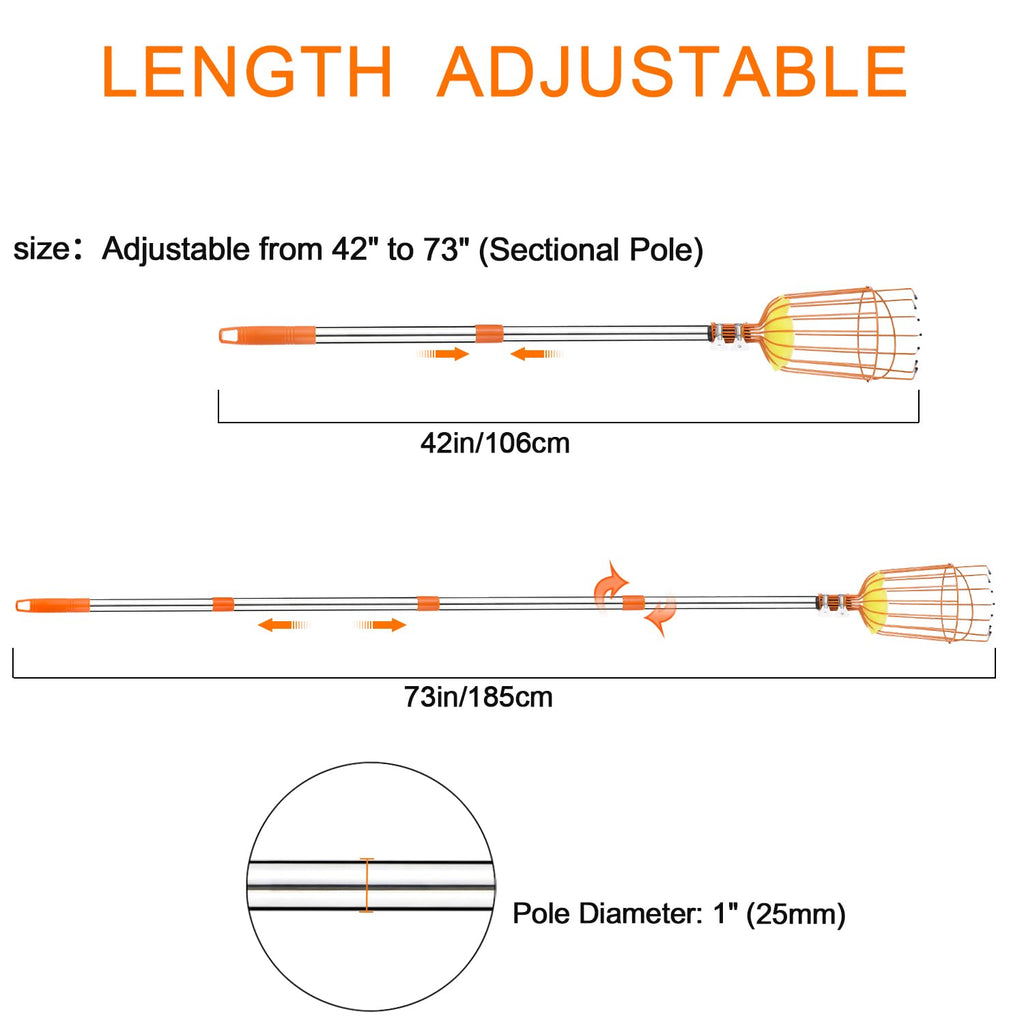 ALongwujin Fruit Picker Pole Tool with Basket Long Handle, 27-75 Inch Adjustable Fruits Picking Pole Tool for Apple Lemon Orange Mango Avocado Fruit Tree Picking