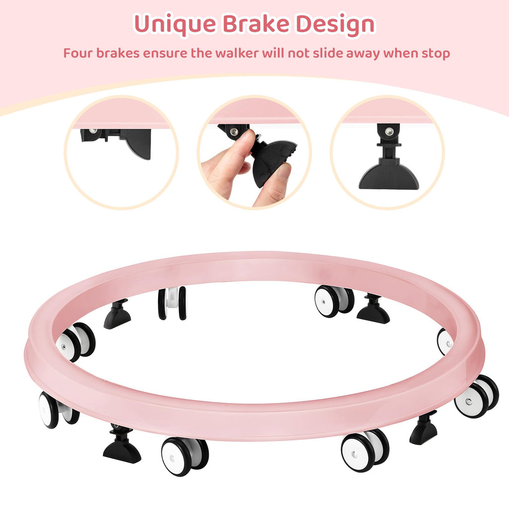 Baby Walker with Wheels, One-Touch Folding Baby Walkers, 7-Speed Height Adjustment with Large Dinner Plate, Anti-Roll 8-Wheel with Brake for 6-18 Months Baby, Full Pink