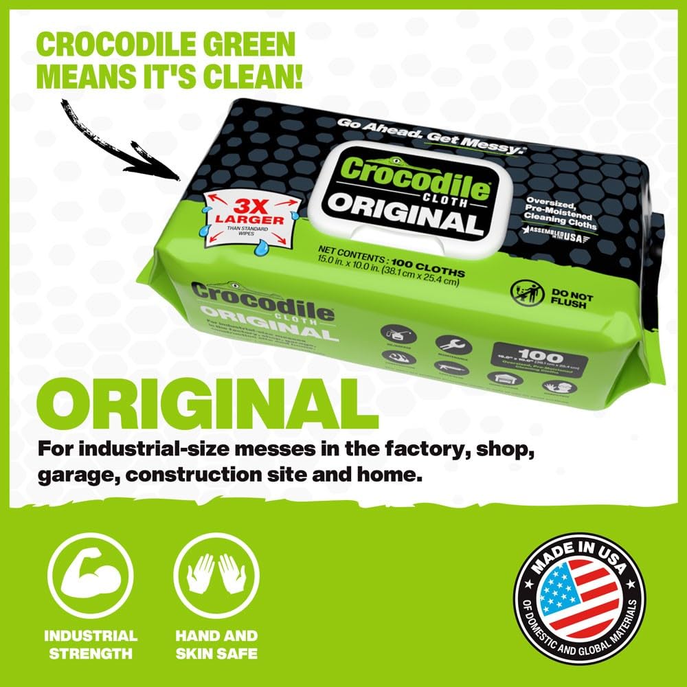 Crocodile Cloth Original Heavy-Duty Hand & Tool Wipes, 100 Count