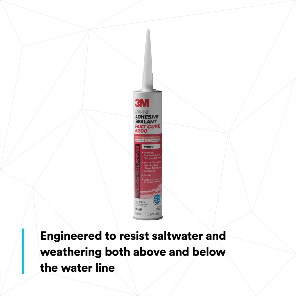3M Marine Adhesive Sealant 5200FC Fast Cure, White, Flexible Bonds, Water-Resistant, 10 fl oz (295 mL) Cartridge with Nozzle, 1 Each