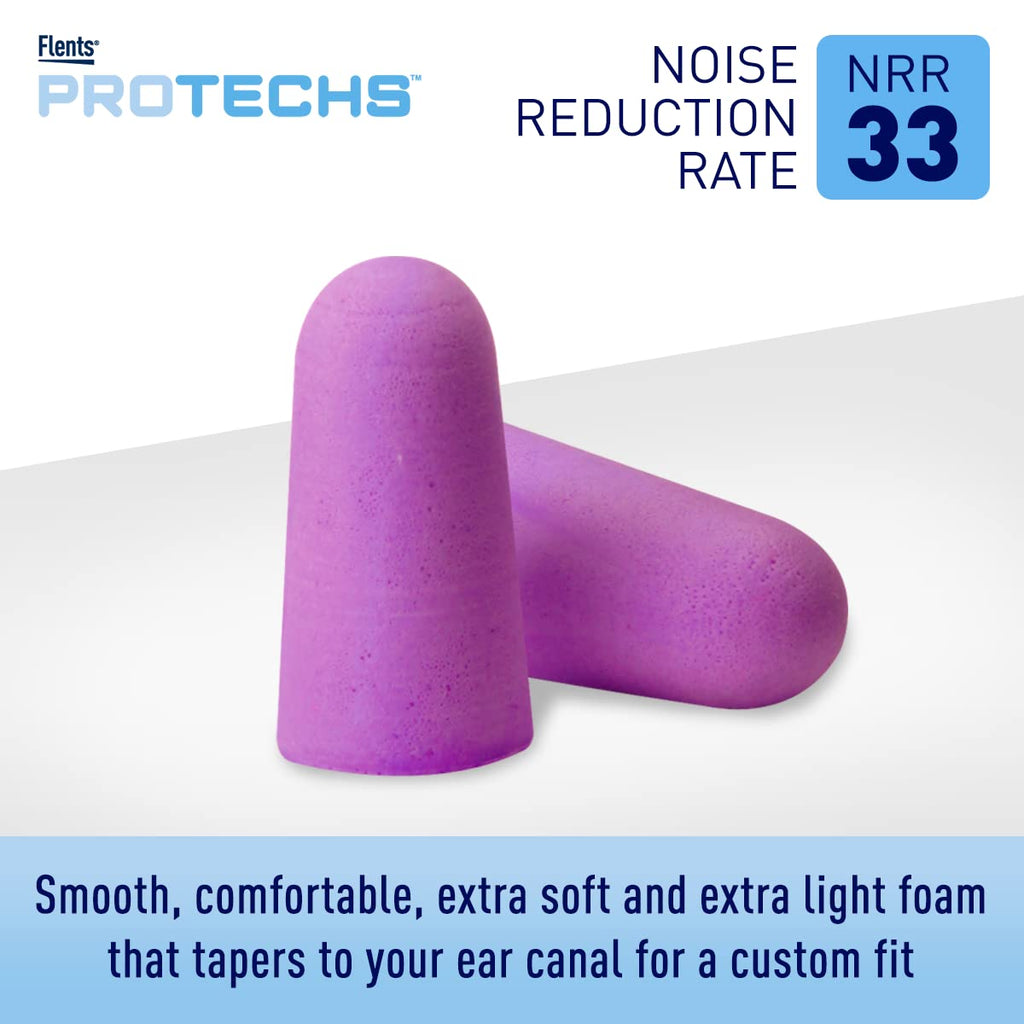 Flents Protechs Foam Ear Plugs, 50 Pair for Sleeping, Snoring, Loud Noise, Traveling, Concerts, Construction, Studying, Work, Shooting, NRR 33, Noise Cancelling, Disposable, Purple, Made in the USA