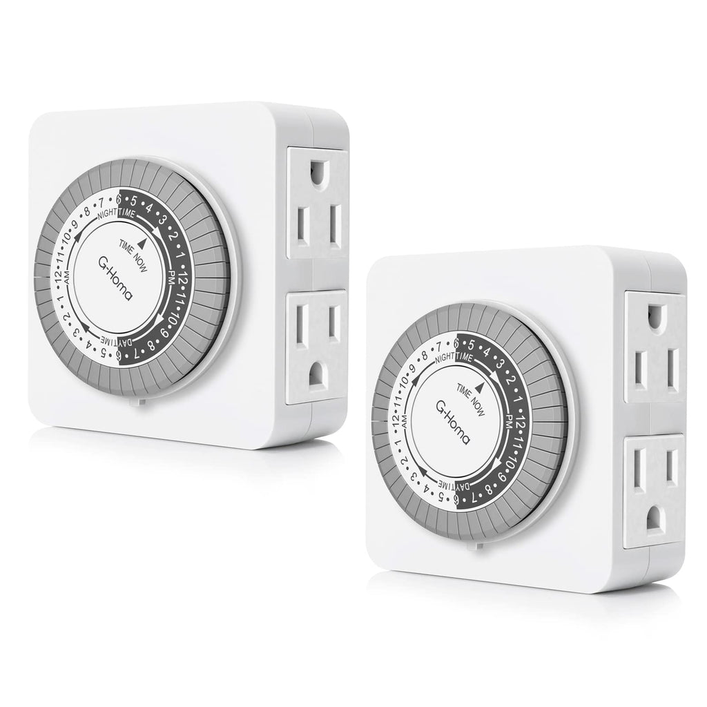 G-Homa Timer Outlet Electric Indoor with 2 Grounded Outlet,Plug-in 24-Hour Mechanical Timers,Daily On/Off Cycle,Energy Saving for Lamps, Seasonal, Christmas Lights and Holiday Decorations (2 Pack)