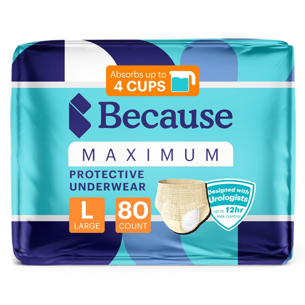 Because Premium Maximum Plus Adult Incontinence and Postpartum Bladder Leak Underwear for Women, Maximum Absorbency, Disposable, Beige, Large, 80 Count (4 Packs of 20)