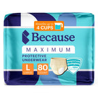 Because Premium Maximum Plus Adult Incontinence and Postpartum Bladder Leak Underwear for Women, Maximum Absorbency, Disposable, Beige, Large, 80 Count (4 Packs of 20)