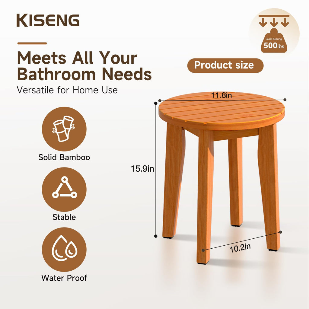 KISENG Round 16 Inch Bamboo Waterproof Shower Bathroom Stool Chair, Duty Wooden Bath Corner Shaving Legs Bench Seat (Honey Bamboo, XL)