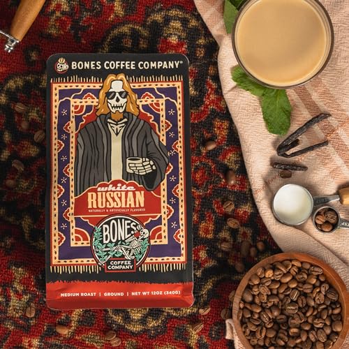 Bones Coffee Company White Russian Flavored Beans, Whole Bean Coffee Medium Roast Low Acid, Cream and Coffee Liqueur Flavor (12 oz)