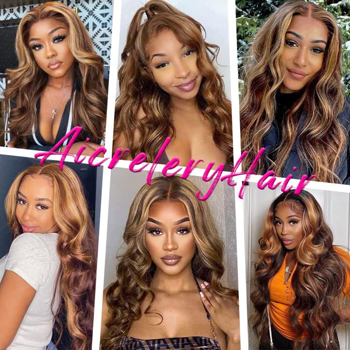 Aicrelery 26 Inch Highlight 13x6 Body Wave HD Transparent Lace Front Wigs Human Hair 4/27 Honey Blonde Body Wave Lace Frontal Wig For Women 180% Density Glueless Ombre Wig Pre Plucked with Baby Hair